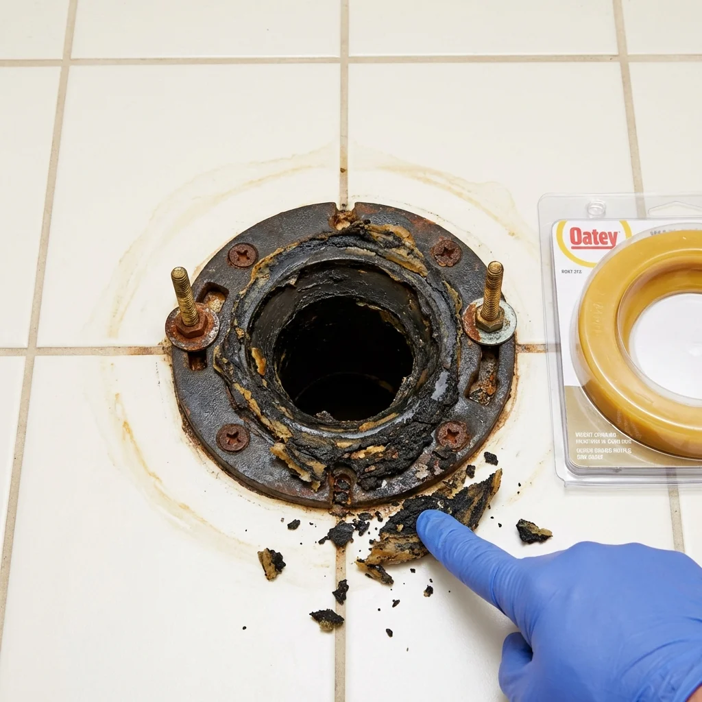 Failed wax ring showing water seepage at the base of a toilet in a Buffalo, SC home