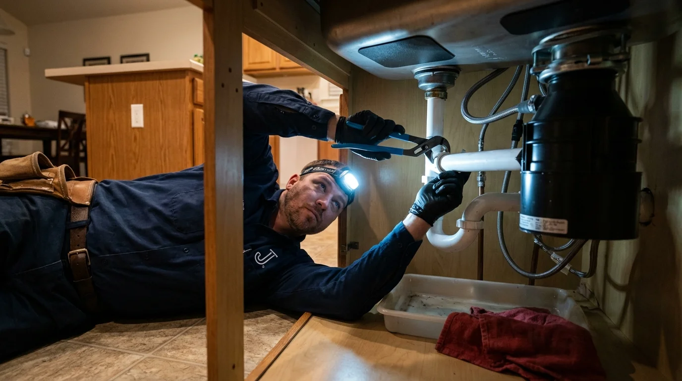 P-trap and supply line connections under a kitchen sink showing a common leak point in Buffalo, SC